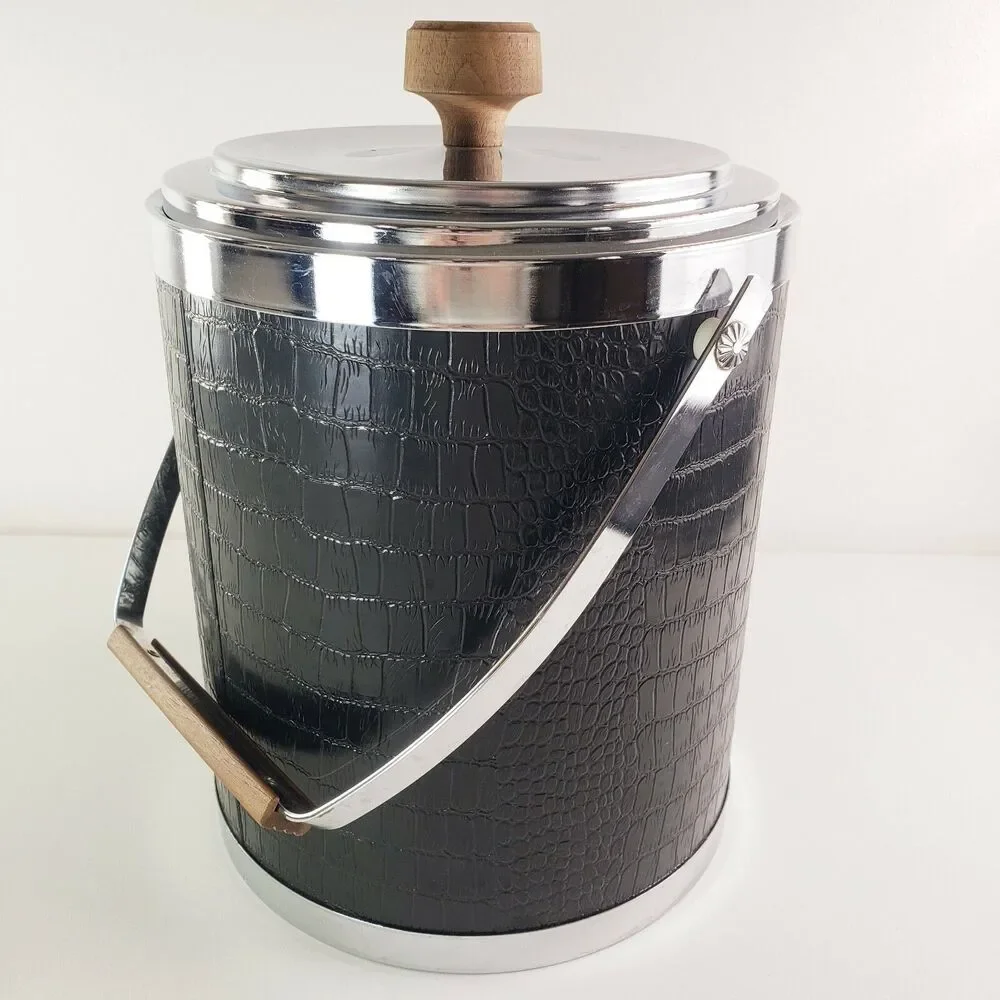 Kromex Ice Bucket Black Croc Alligator Wood Handle Chrome Barware MCM Hollywood